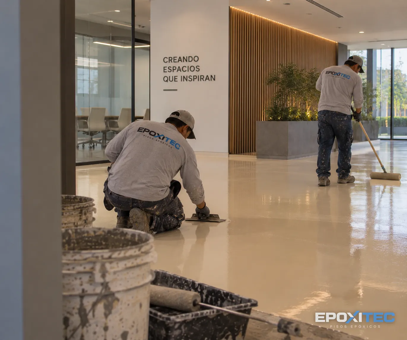 Aplicación de recubrimiento epóxico color arena en área de oficinas